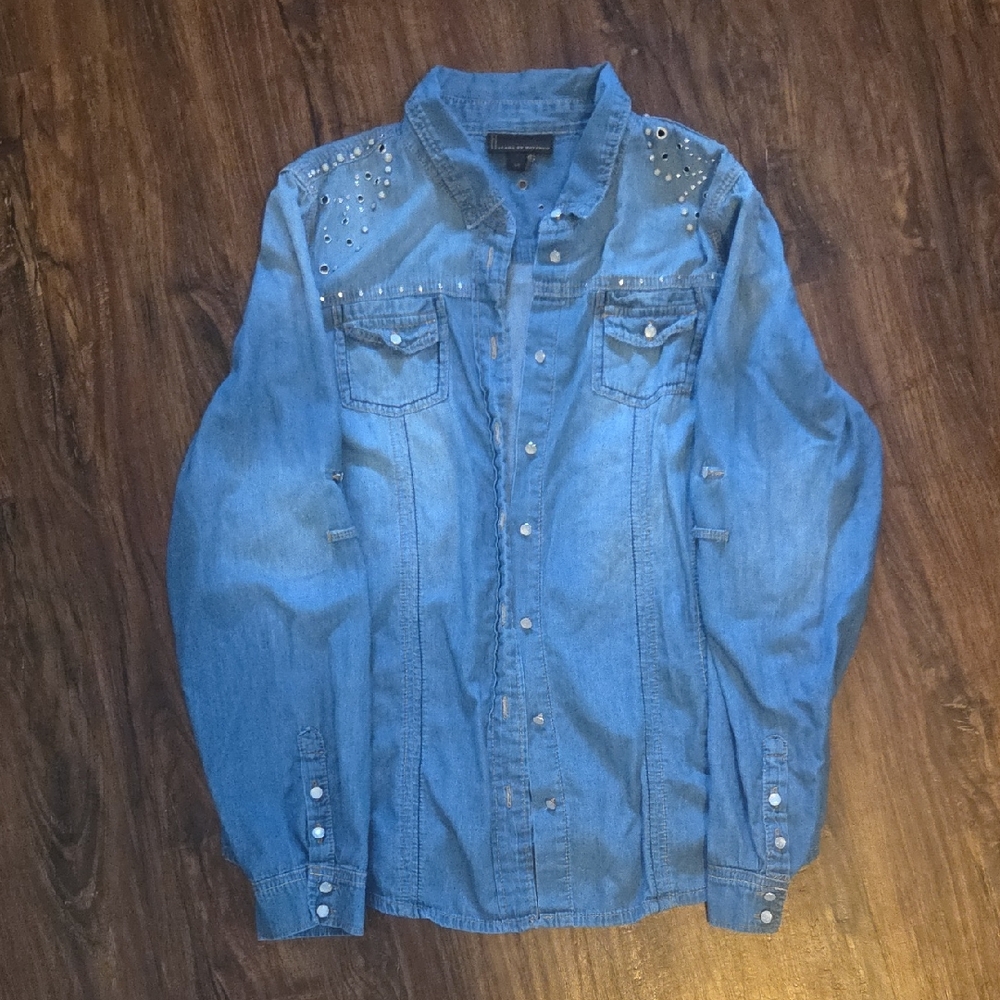 Buffalo David Button Denim Shirt Silver Western Pearl Snap Long Sleeve Blue